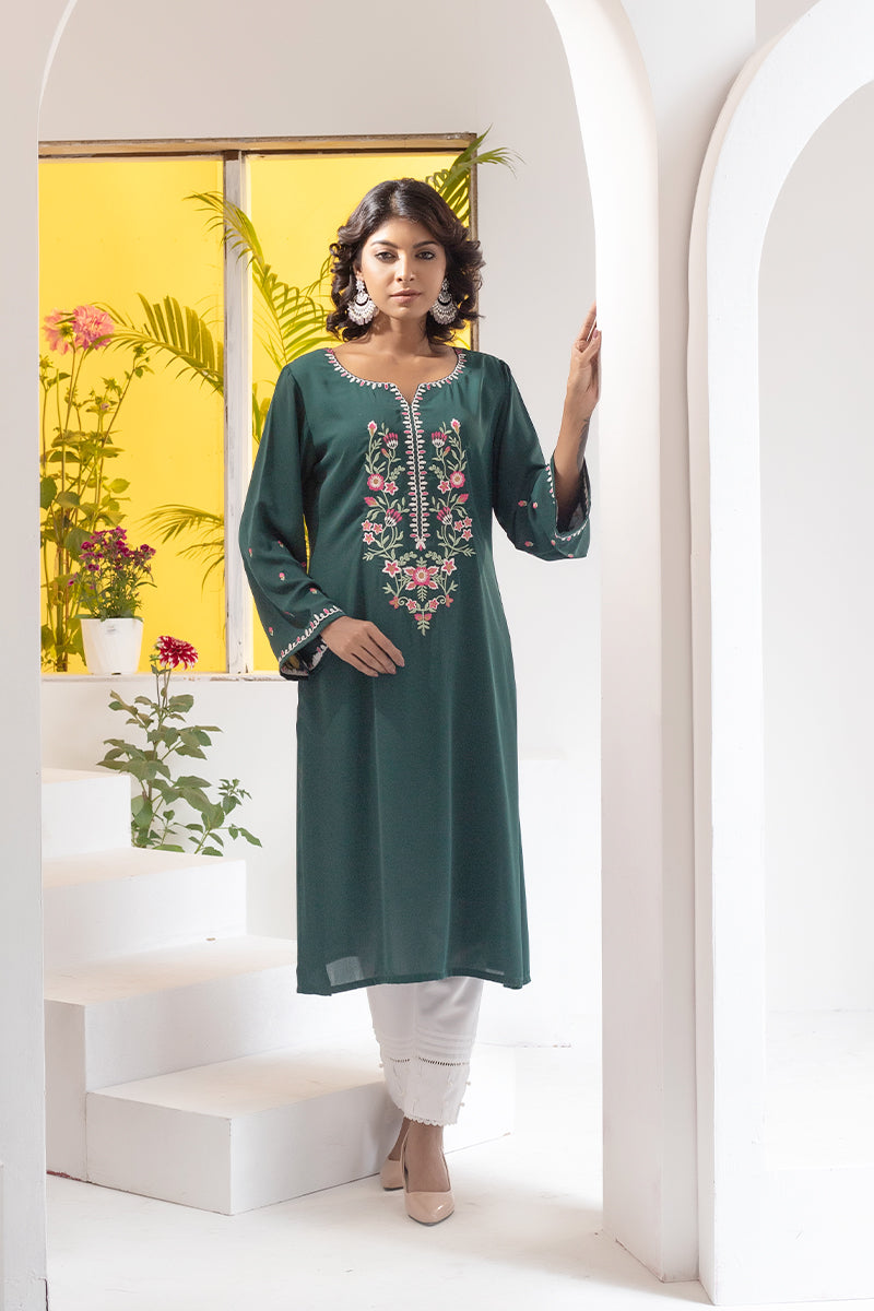 Dark Green Cherry Georgette Kurti Women 1122 000070